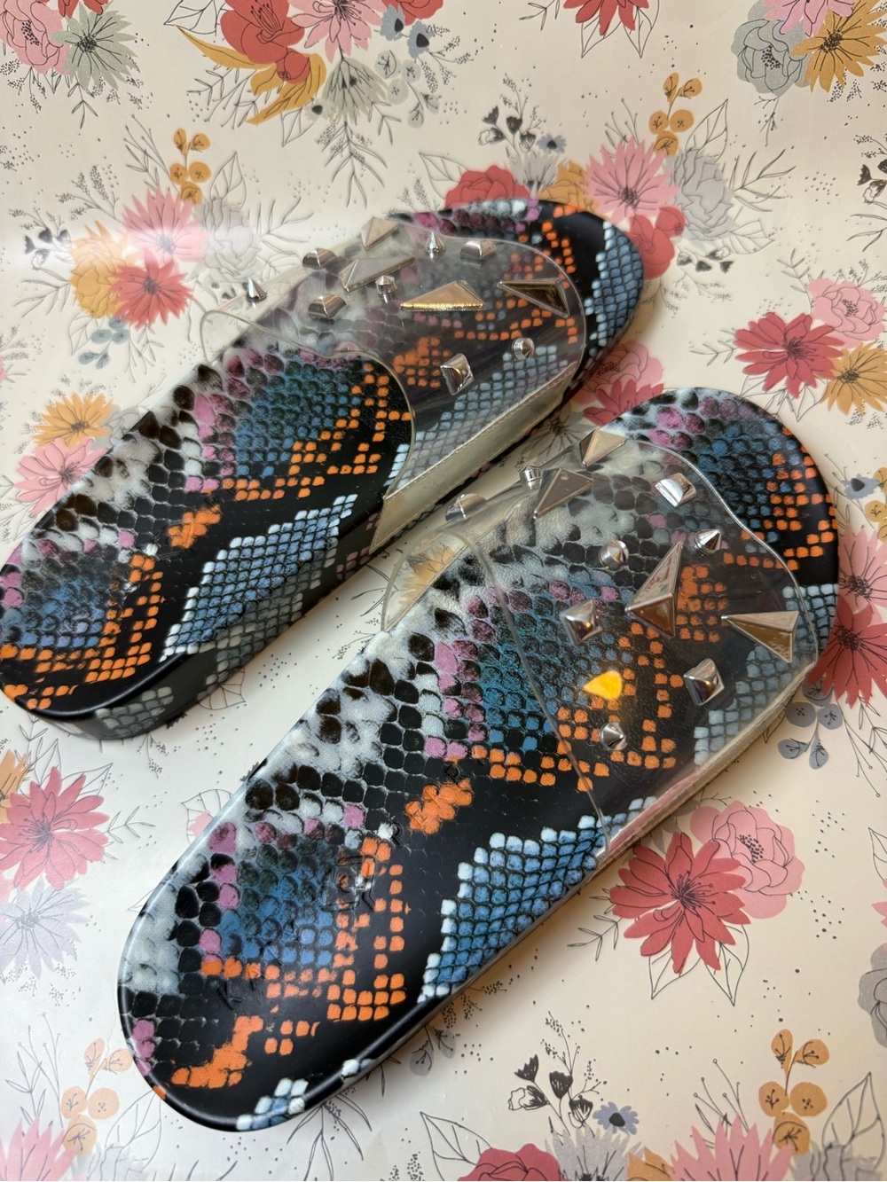 Katy Perry  Multi-Color Snake-Print Studded Slides -The Jimmi